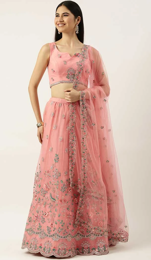 Net Embroidery Work Peach Color Function Wear Designer Lehenga Choli -5172160346