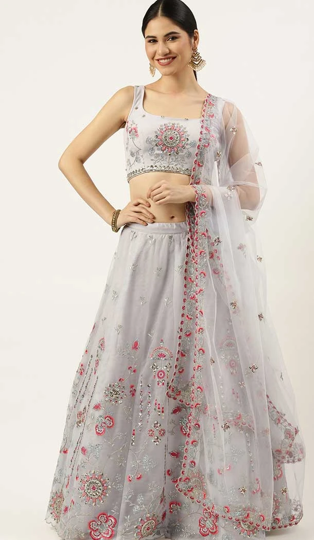 Net Embroidery Work Grey Color Function Wear Designer Lehenga Choli -5172160347