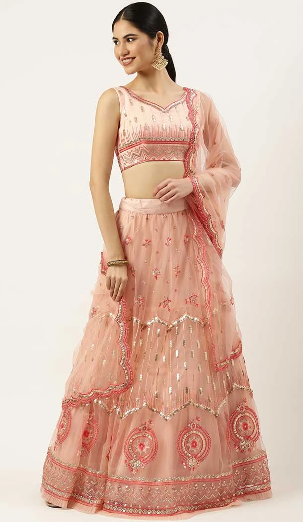 Function Wear Peach Color Net Embroidery Work Designer Lehenga Choli -5172160348