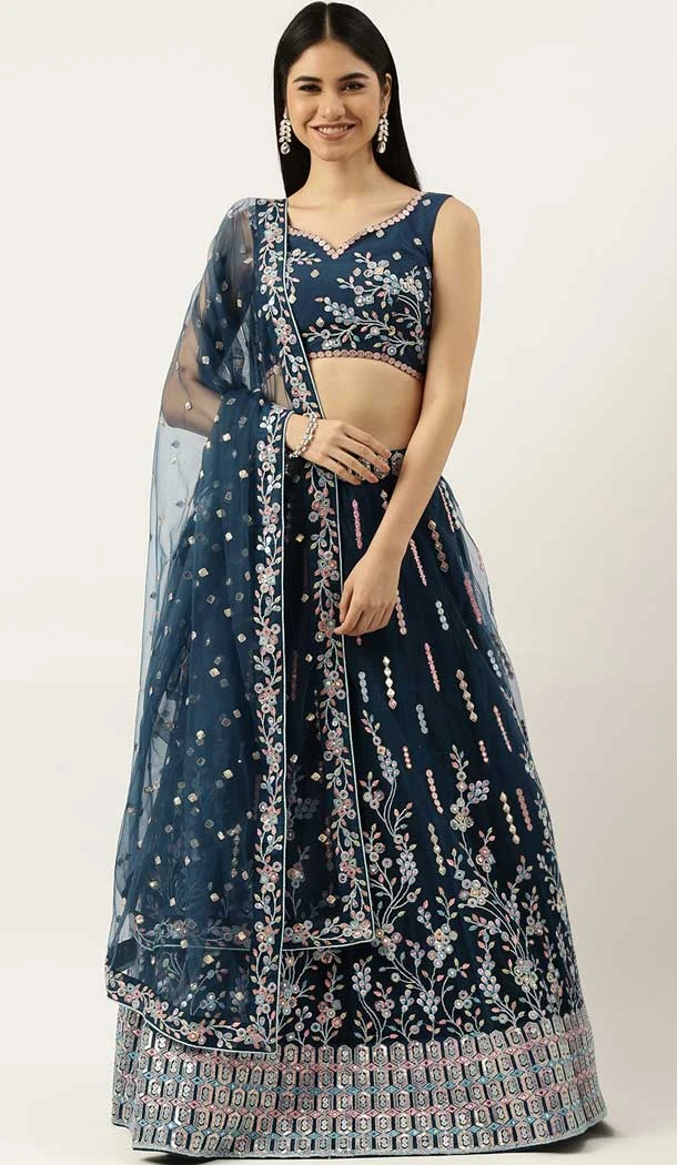 Navy Blue Color Net Embroidery Work Function Wear Designer Lehenga Choli -5172160352