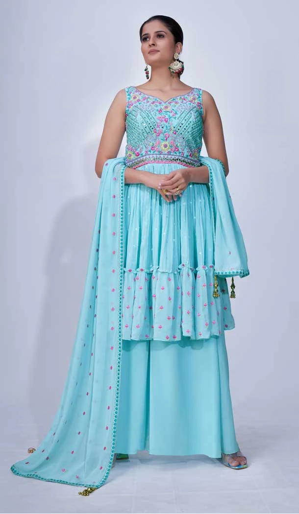Aqua Color Chiffon Thread Beads And Mirror Work Readymade Palazzo Suit -5186160416