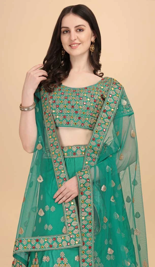 Green Color Satin Silk Embroidery Work Party Wear Lehenga Choli -5195160476