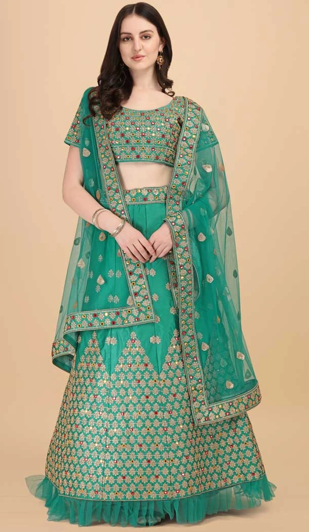 Green Color Satin Silk Embroidery Work Party Wear Lehenga Choli -5195160476