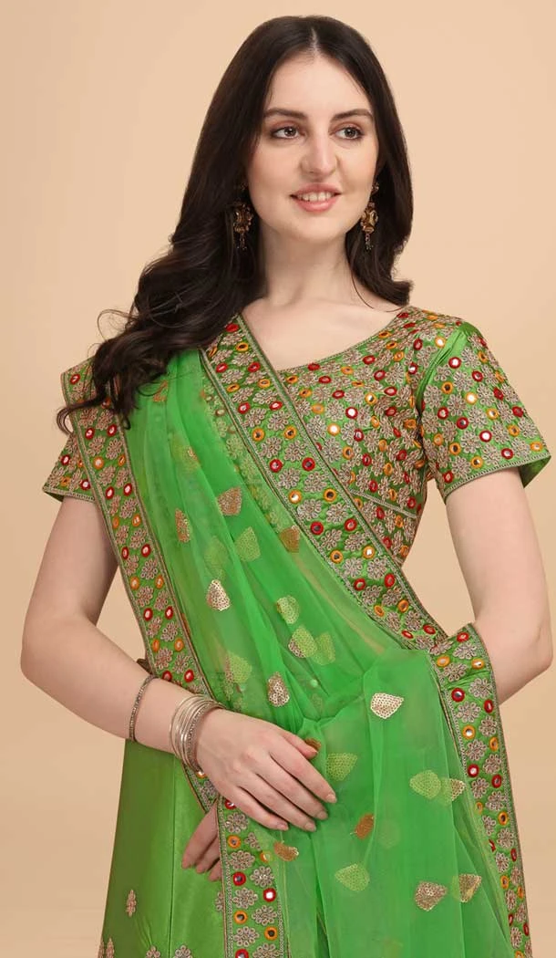 Light Green Color Satin Silk Embroidery Work Party Wear Lehenga Choli -5195160477