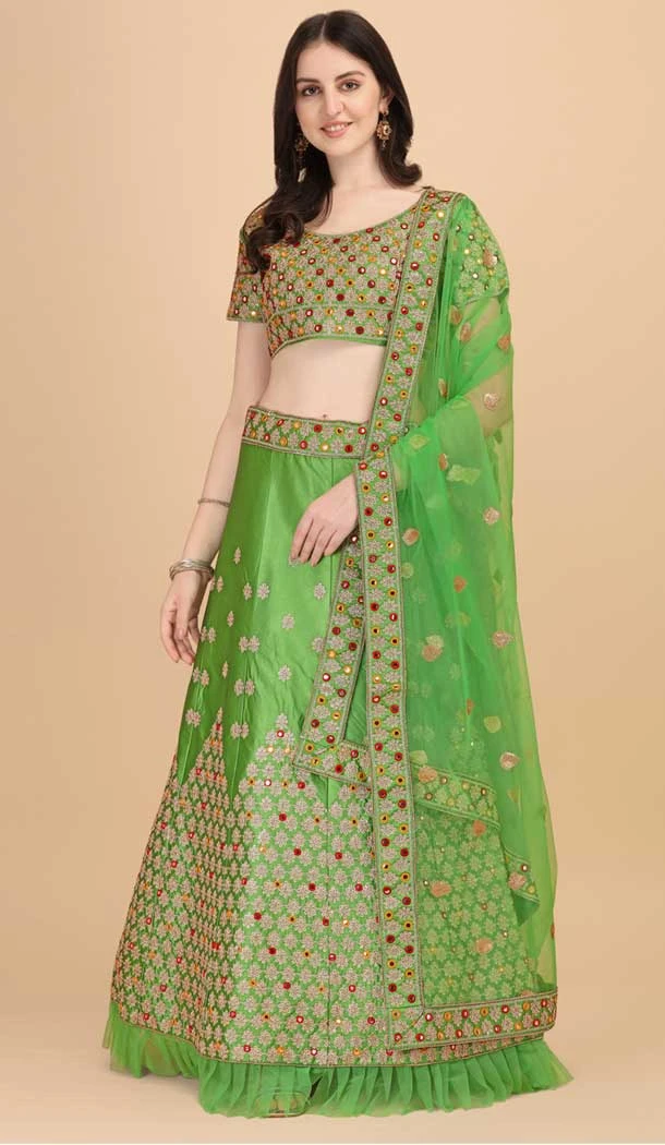 Light Green Color Satin Silk Embroidery Work Party Wear Lehenga Choli -5195160477