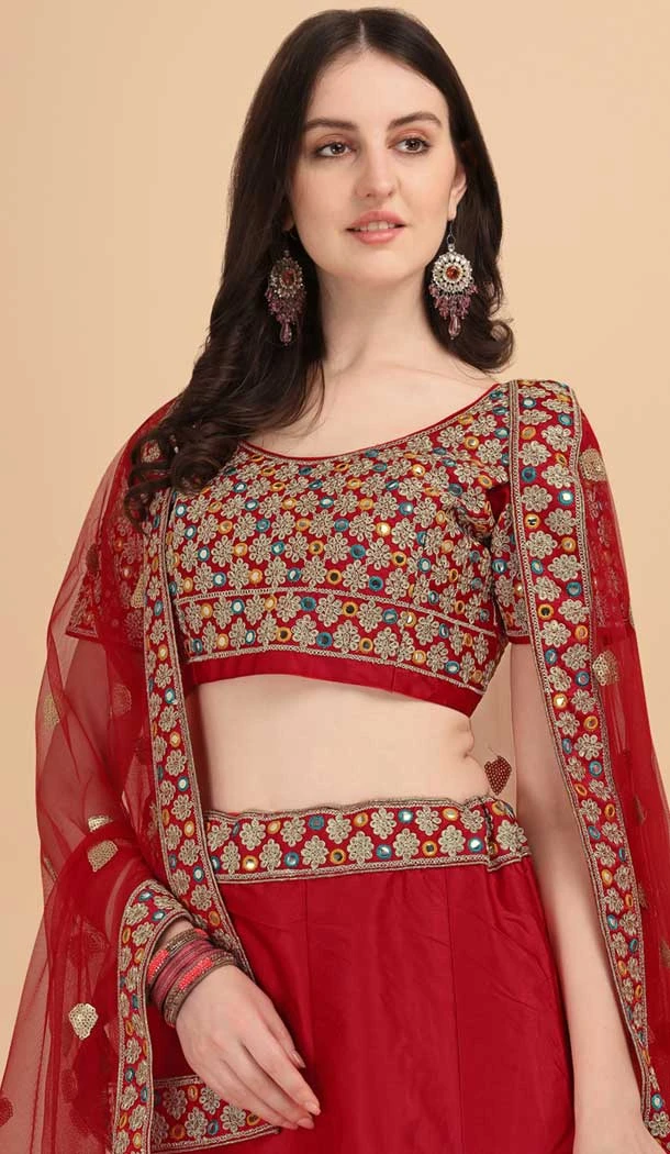 Red Color Satin Silk Embroidery Work Party Wear Lehenga Choli -5195160478