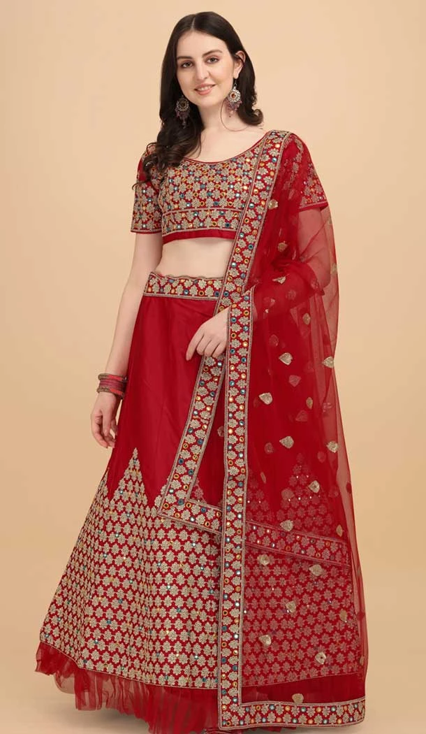 Red Color Satin Silk Embroidery Work Party Wear Lehenga Choli -5195160478