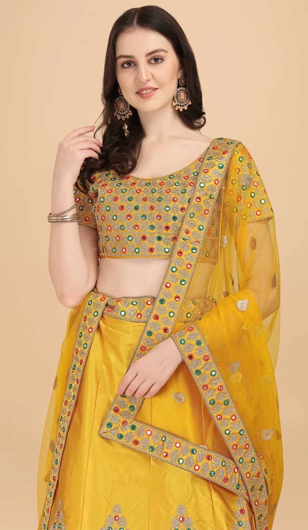 Yellow Color Satin Silk Embroidery Work Party Wear Lehenga Choli -5195160479