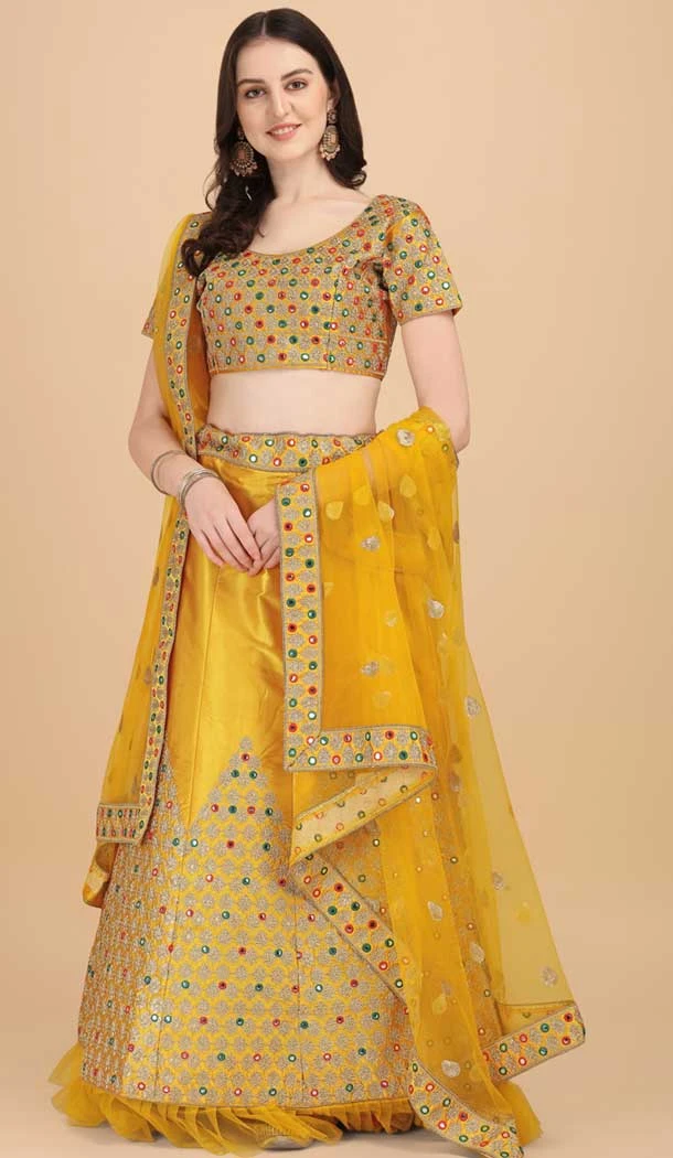 Yellow Color Satin Silk Embroidery Work Party Wear Lehenga Choli -5195160479