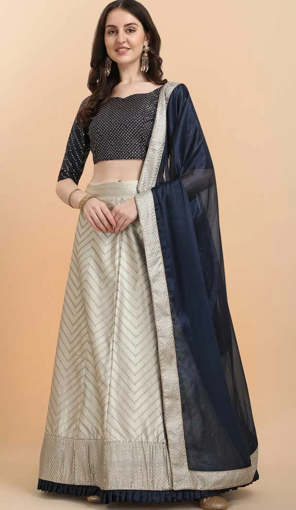 Cream Color Malay Satin Sequence Work Party Wear Lehenga Choli -5196160480