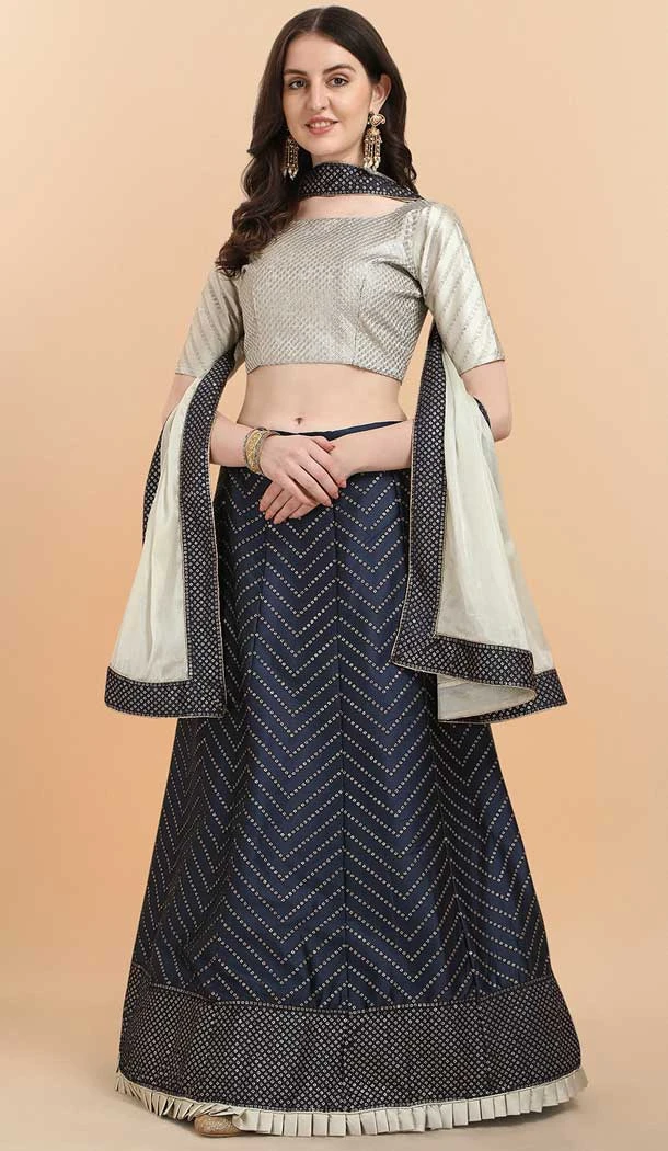 Navy Blue Color Malay Satin Sequence Work Party Wear Lehenga Choli -5196160481