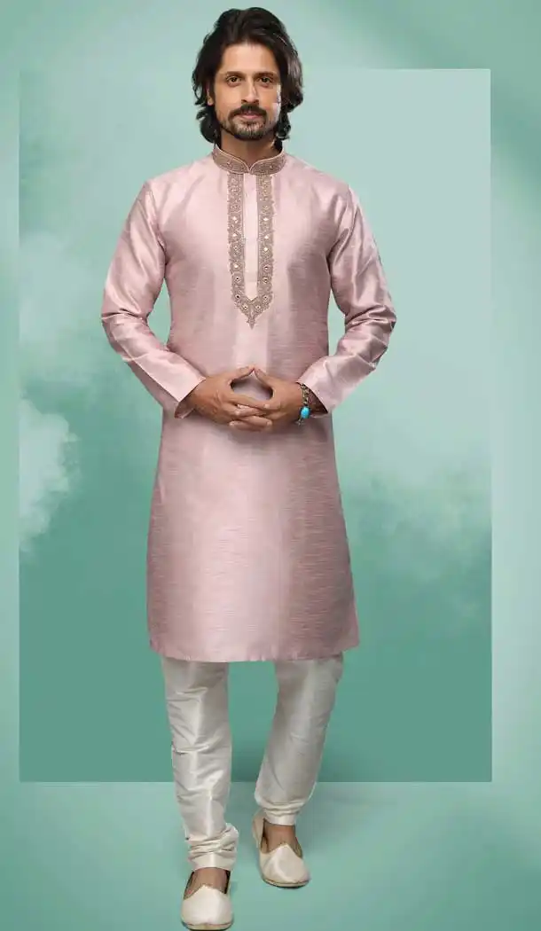 Onion Pink Color Art Silk Mirror Work Festival Wear Designer Men's Kurta Pajama -5192160431