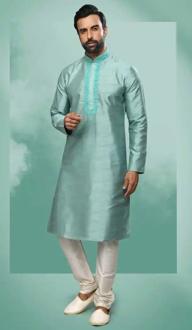 Firozi Green Color Art Silk Mirror Work Festival Wear Designer Men's Kurta Pajama -5192160432