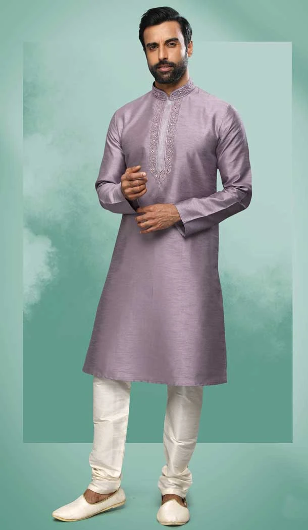 Light Purple Color Art Silk Mirror Work Festival Wear Designer Men's Kurta Pajama -5192160433