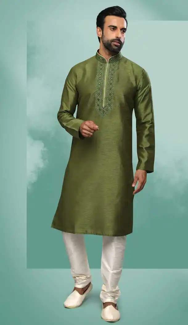 Olive Green Color Art Silk Mirror Work Festival Wear Designer Men's Kurta Pajama -5192160437