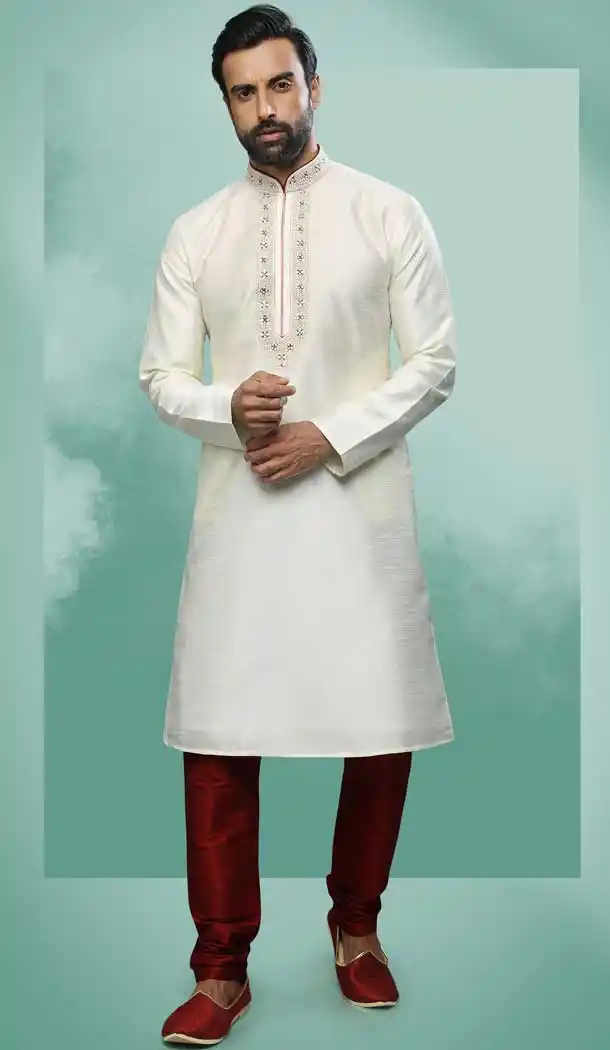 Cream Color Art Silk Mirror Work Festival Wear Designer Men's Kurta Pajama -5192160438