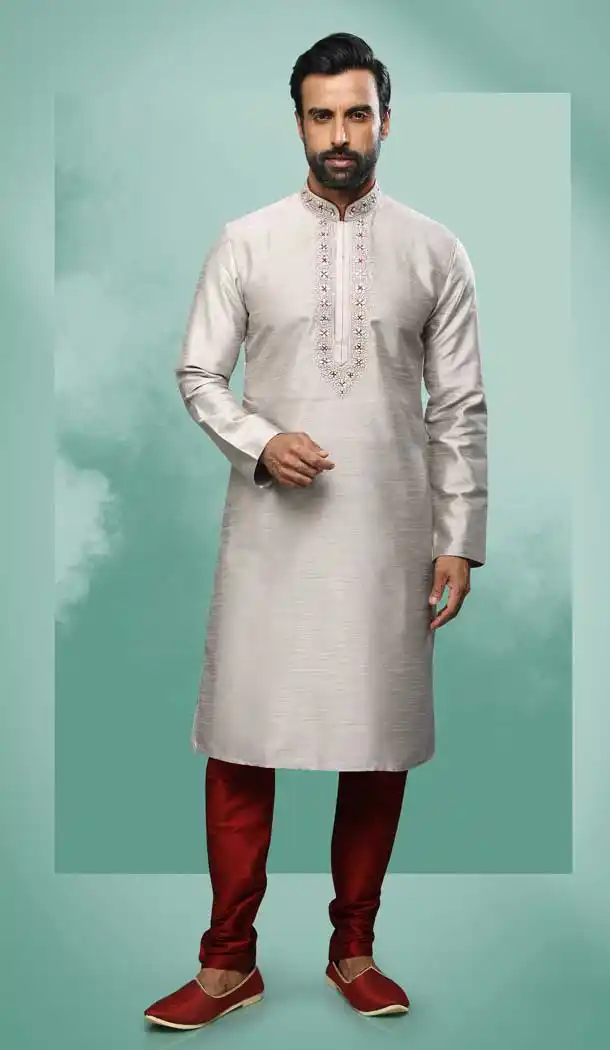 Grey Color Art Silk Mirror Work Festival Wear Designer Men's Kurta Pajama -5192160439