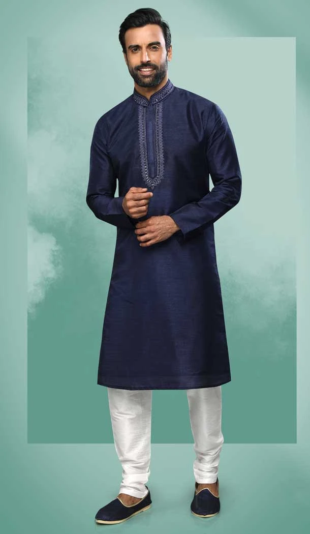 Art Silk Blue Color Mirror Work Festival Wear Designer Men's Kurta Pajama -5192160441