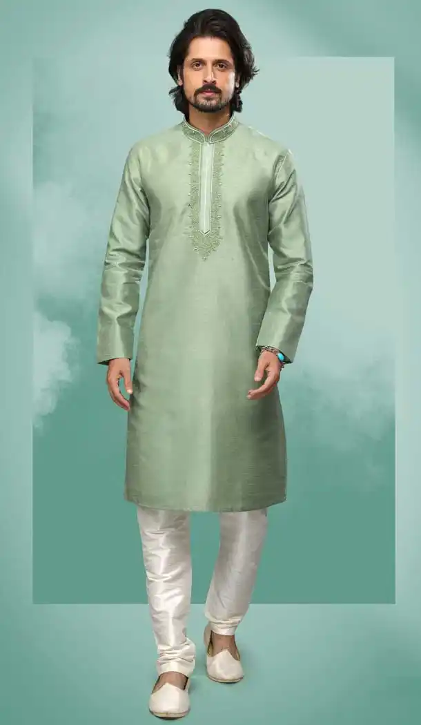 Pastel Green Color Art Silk Mirror Work Festival Wear Designer Men's Kurta Pajama -5192160443