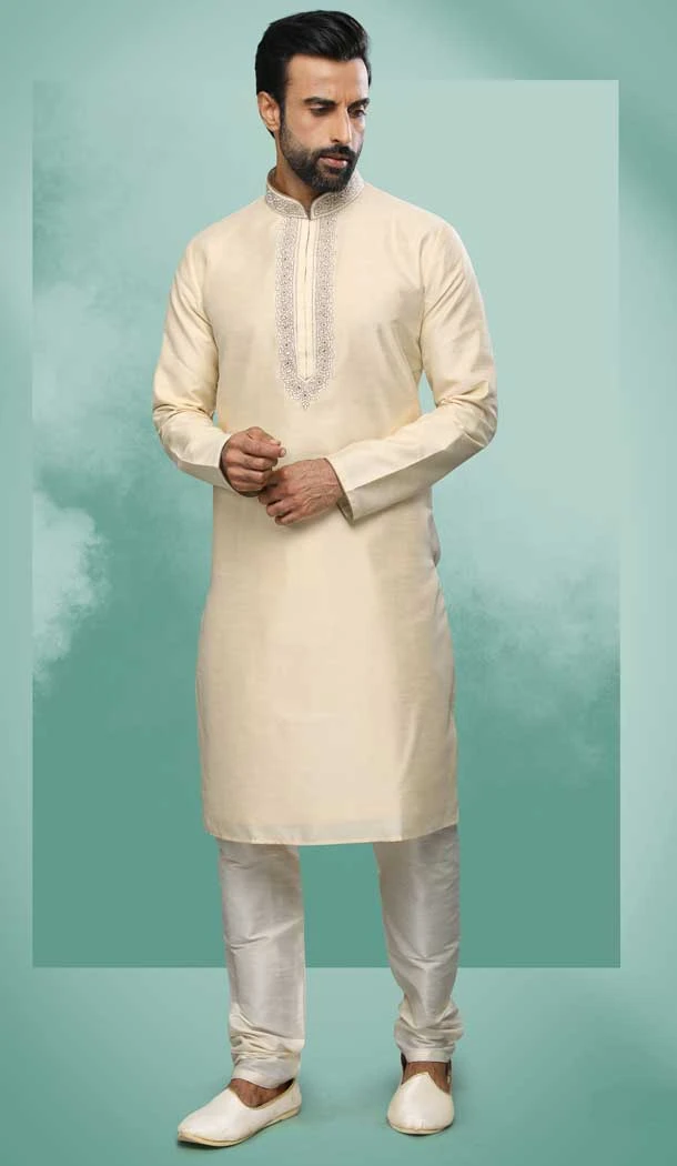 Art Silk Cream Color Mirror Work Festival Wear Designer Men's Kurta Pajama -5192160444