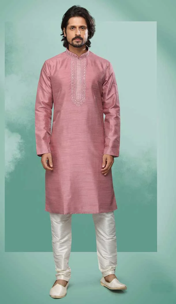 Pink Color Art Silk Mirror Work Festival Wear Designer Men's Kurta Pajama -5192160446