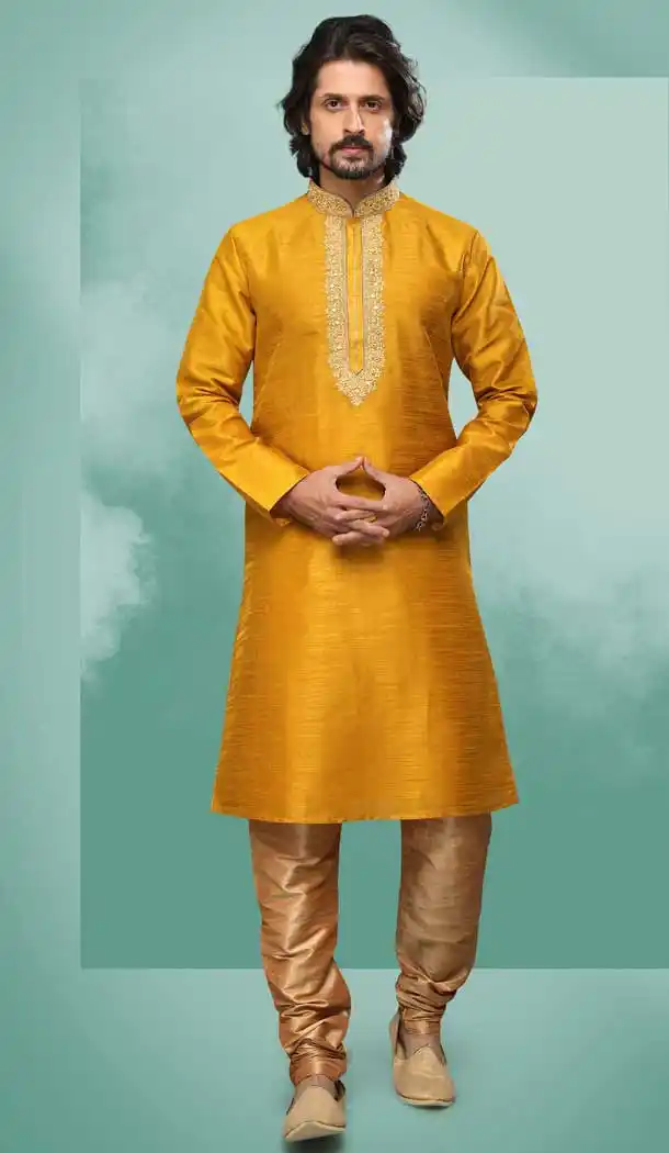 Golden Color Art Silk Mirror Work Festival Wear Designer Men's Kurta Pajama -5192160447