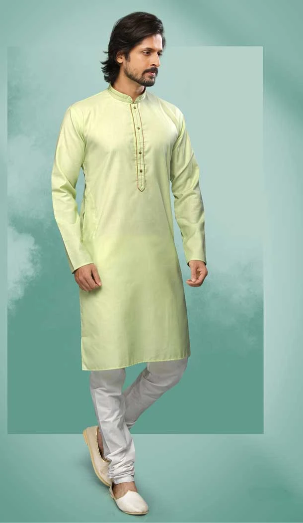 Pista Green Color Cotton Self Work Festival Wear Designer Men's Kurta Pajama -5192160448