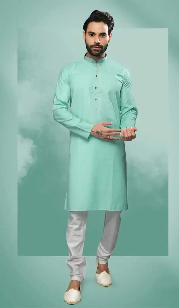 Green Color Cotton Self Work Festival Wear Designer Men's Kurta Pajama -5192160449