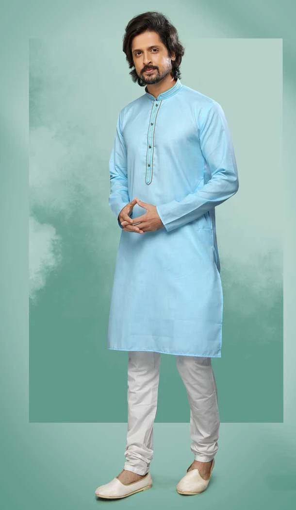 Sky Blue Color Cotton Self Work Festival Wear Designer Men's Kurta Pajama -5192160451