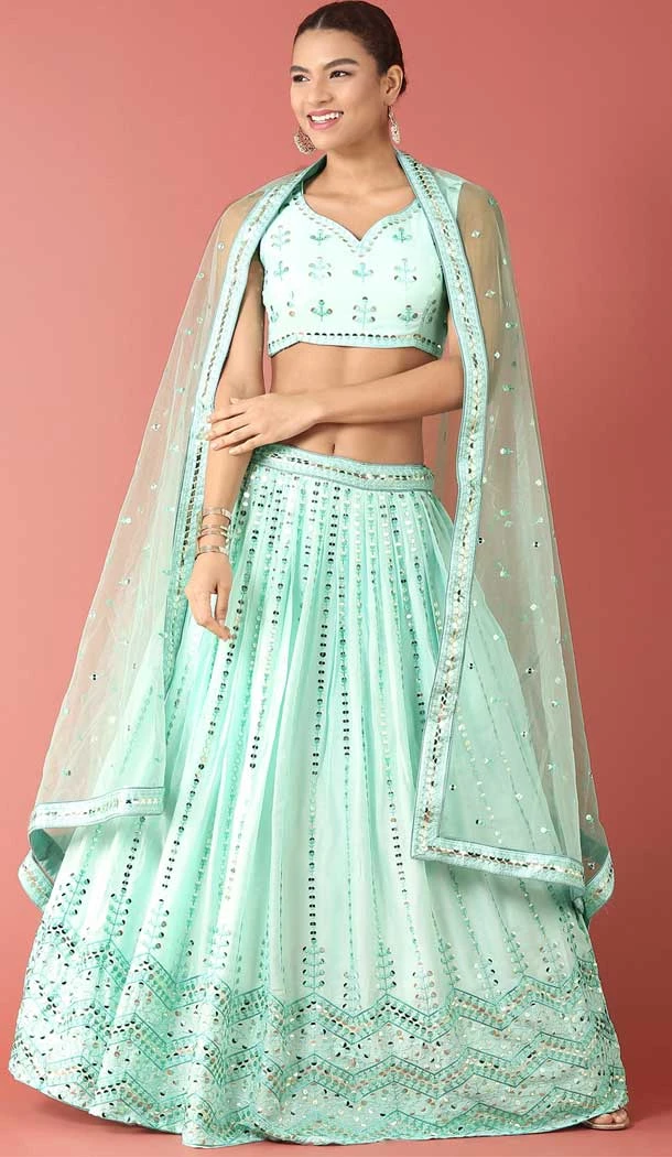 Turquoise Blue Color Poly Georgette Embroidery Work Designer Wear Women Lehenga Choli -5204160520