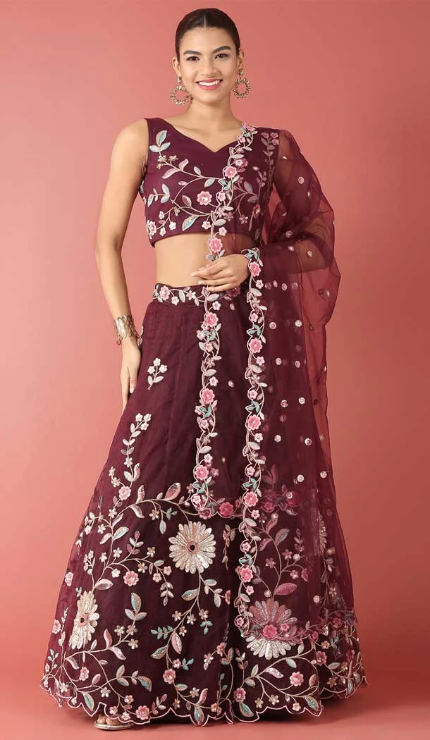 Burgundy Color Net Embroidery Work Designer Wear Women Lehenga Choli -5204160521