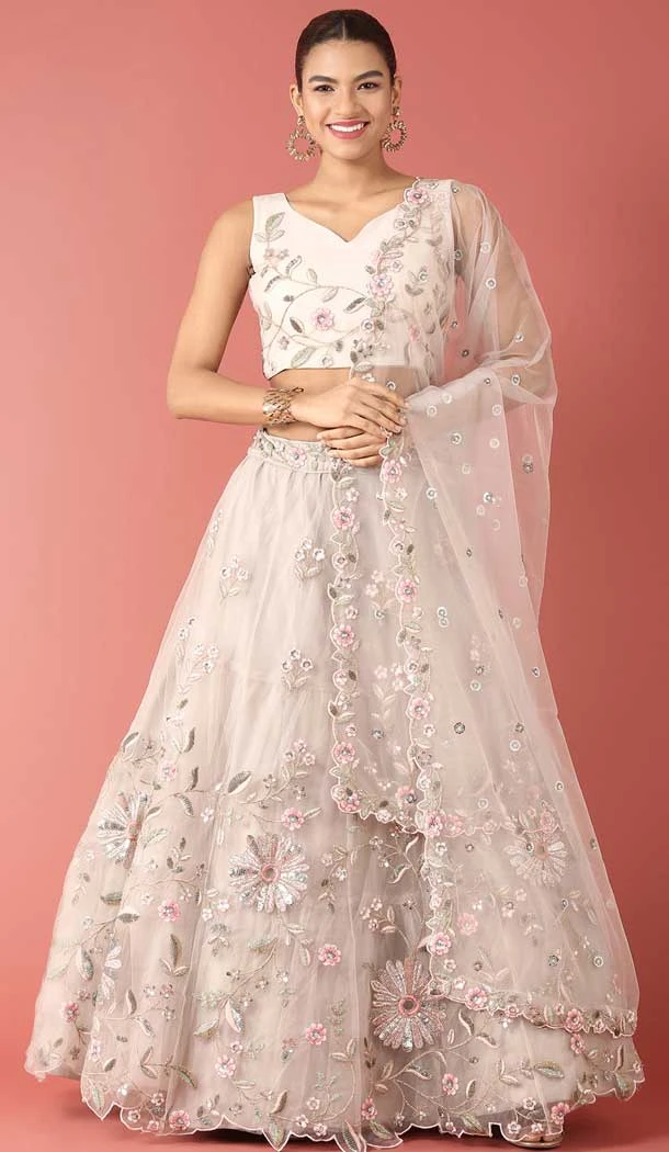 Grey Color Net Embroidery Work Designer Wear Women Lehenga Choli -5204160522