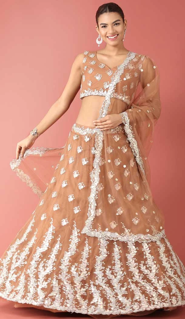 Rust Color Net Embroidery Work Designer Wear Women Lehenga Choli -5204160523