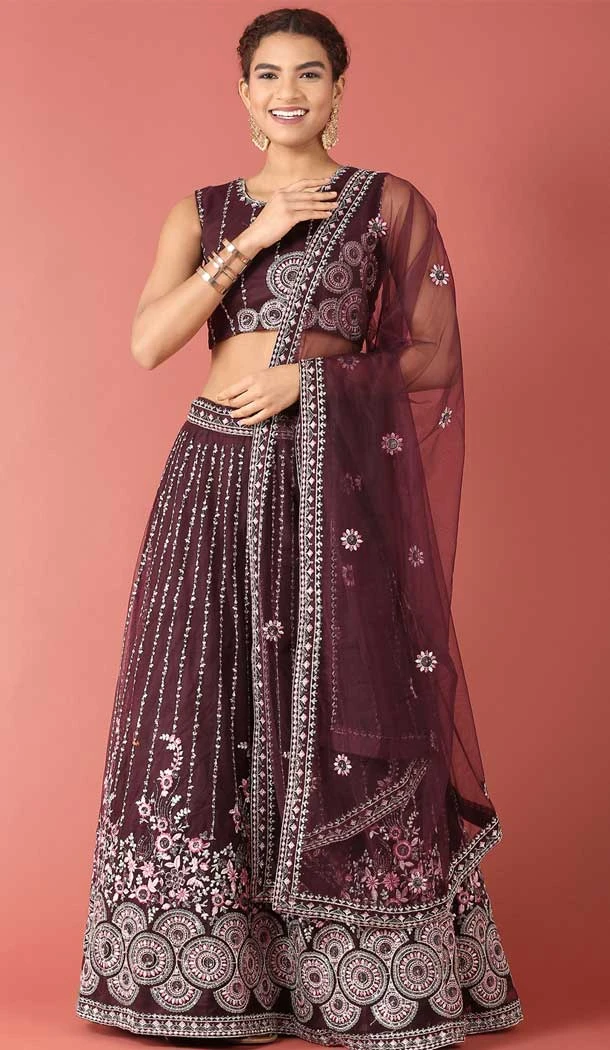 Designer Wear Burgundy Color Net Embroidery Work Women Lehenga Choli -5204160525