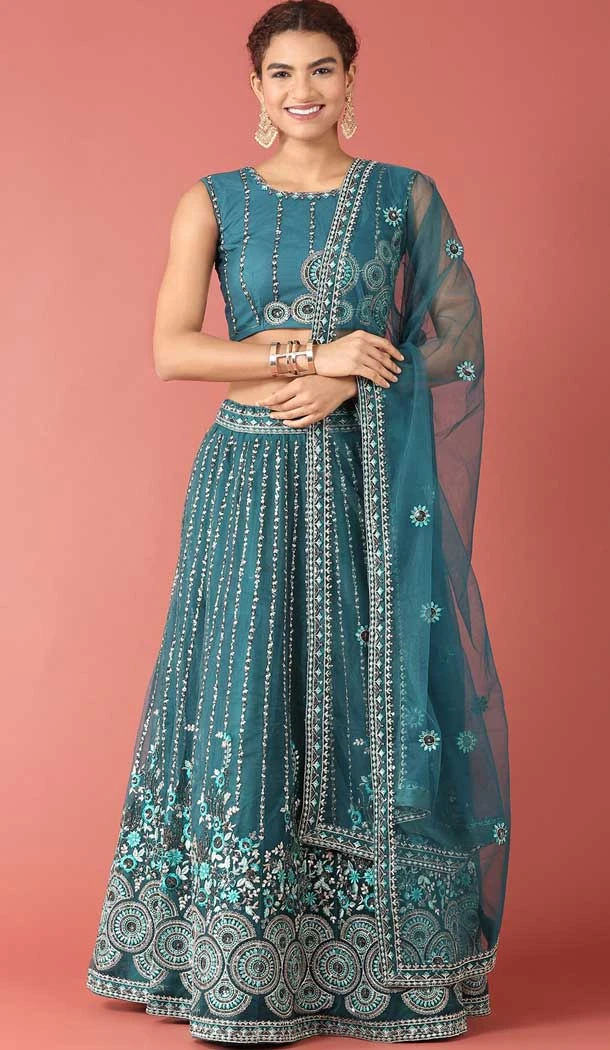Teal Color Net Embroidery Work Designer Wear Women Lehenga Choli -5204160526