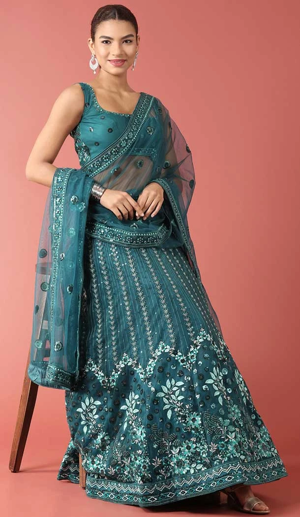 Designer Wear Teal Color Net Embroidery Work Women Lehenga Choli -5204160527