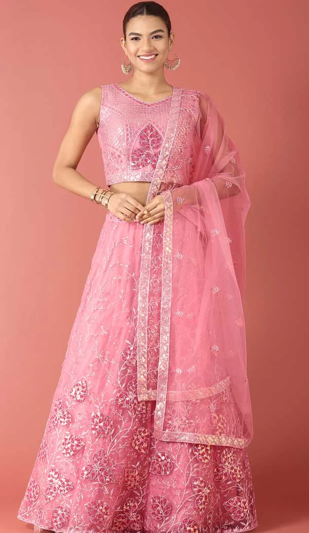 Pink Color Net Embroidery Work Designer Wear Women Lehenga Choli -5204160528
