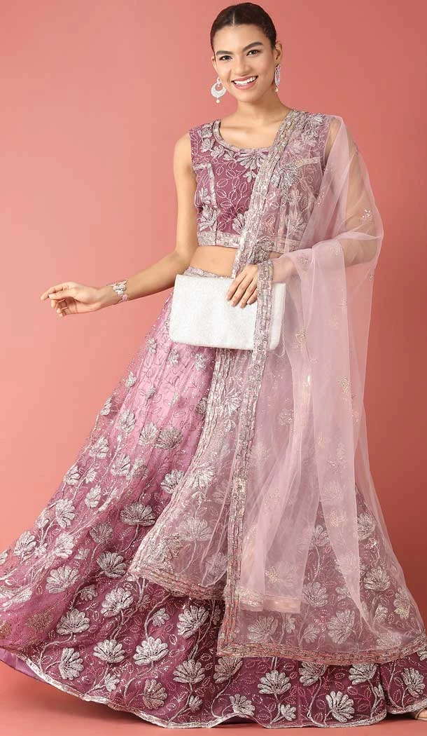 Onion Pink Color Net Embroidery Work Designer Wear Women Lehenga Choli -5204160530