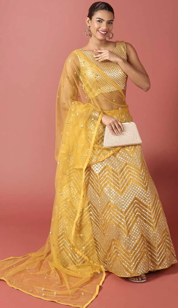 Mustard Color Net Embroidery Work Designer Wear Women Lehenga Choli -5204160533