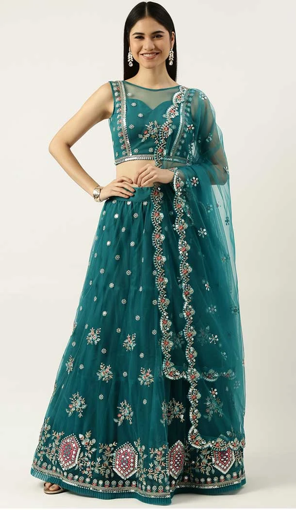 Party Wear Teal Color Net Embroidery Work Lehenga Choli -5205160536