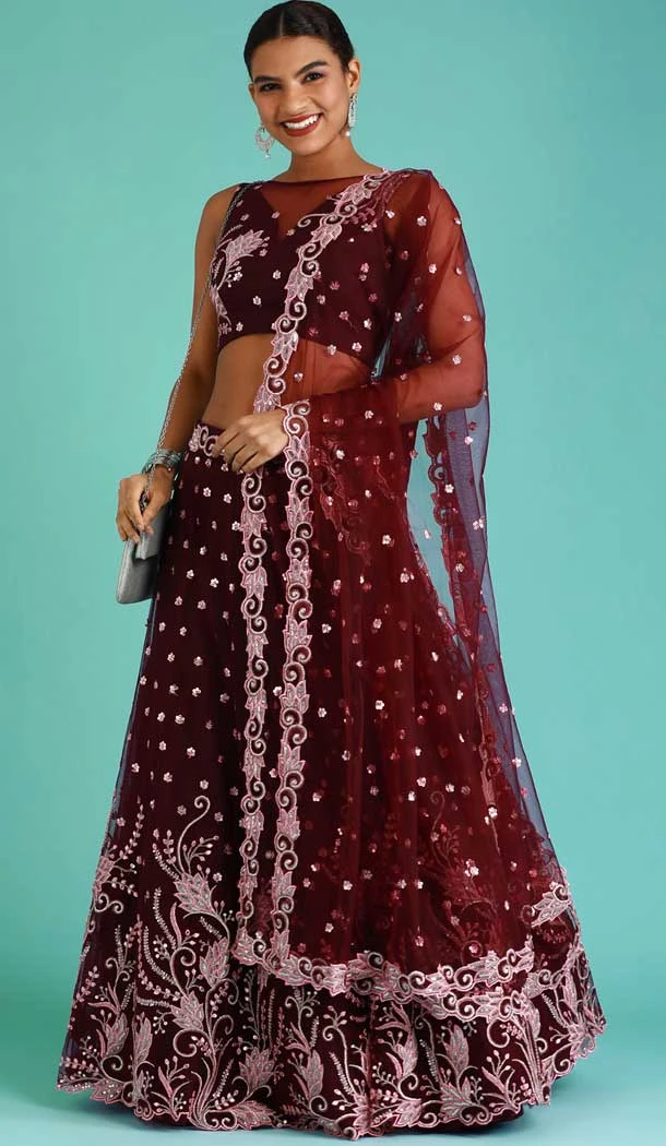 Burgundy Color Net Embroidery Work Designer Function Wear Lehenga Choli -5206160540