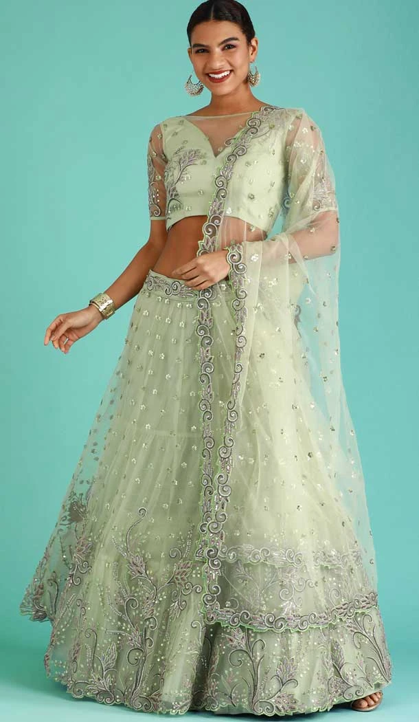 Pista Color Net Embroidery Work Designer Function Wear Lehenga Choli -5206160541