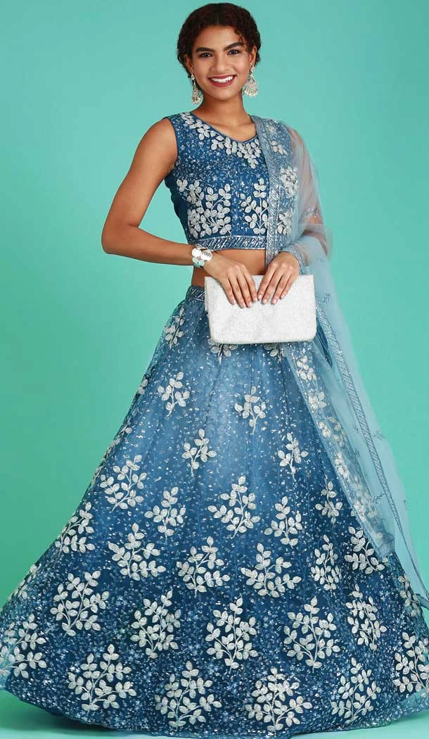 Blue Color Net Embroidery Work Designer Function Wear Lehenga Choli -5206160542