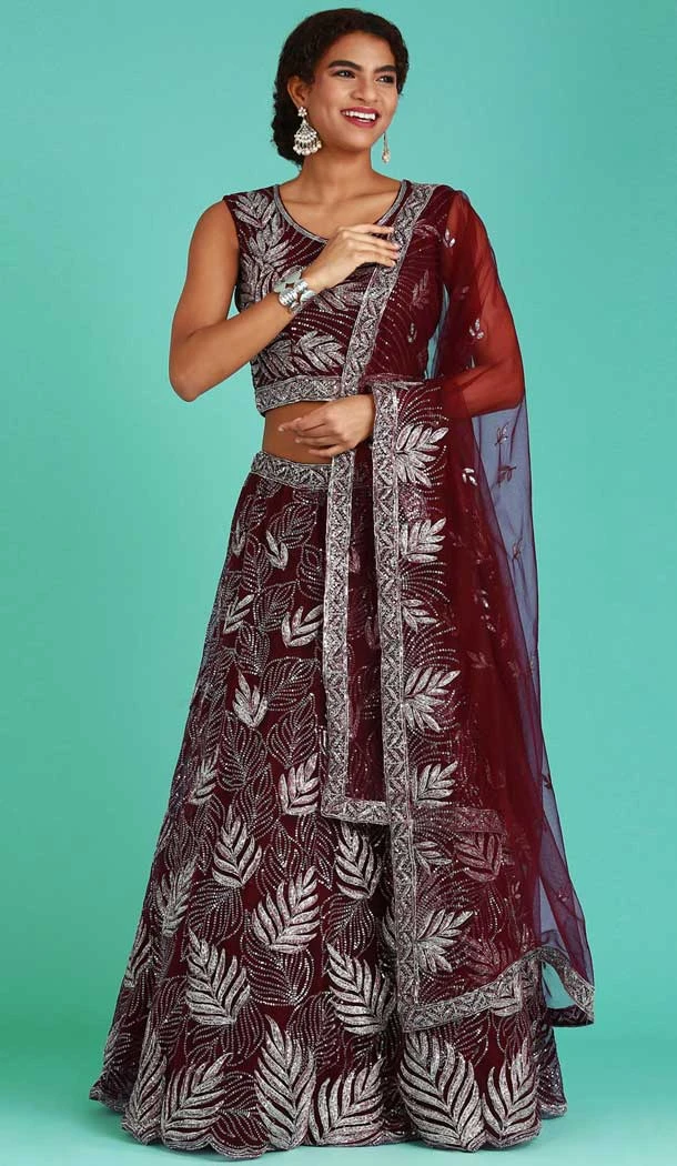 Designer Function Wear Burgundy Color Net Embroidery Work Lehenga Choli -5206160543