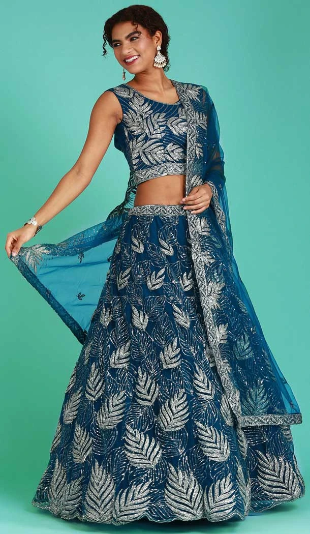 Teal Blue Color Net Embroidery Work Designer Function Wear Lehenga Choli -5206160544