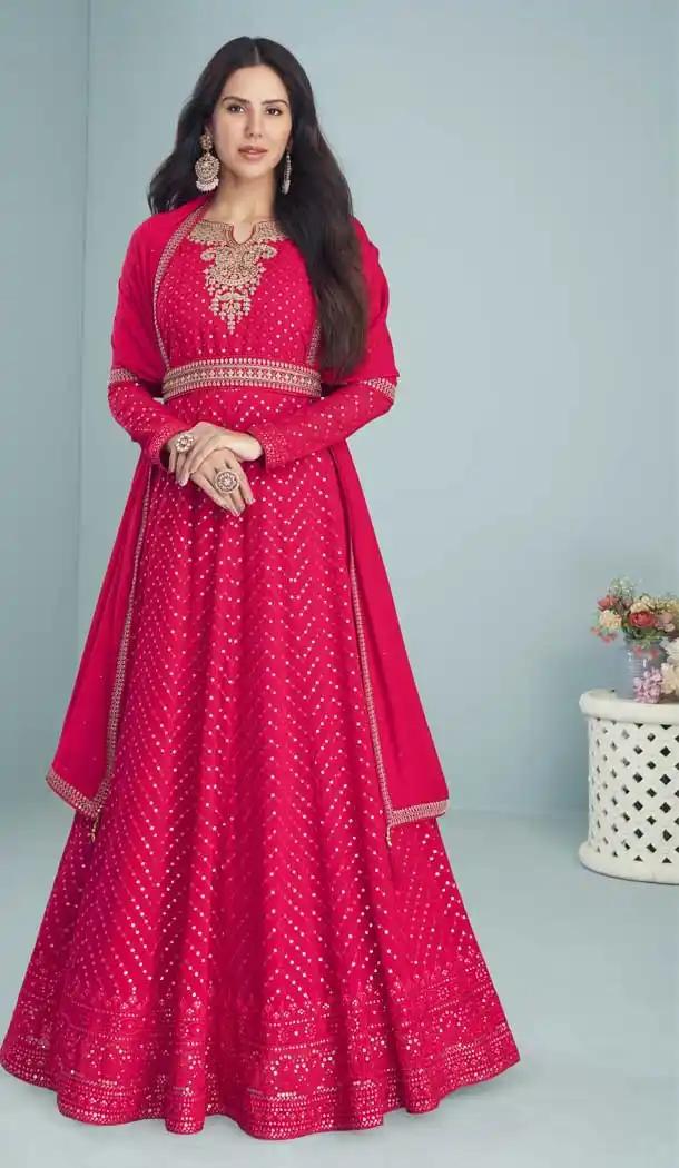 Pink Color Fox Georgette Sequins Work Anarkali Style Salwar Kameez -5228160637