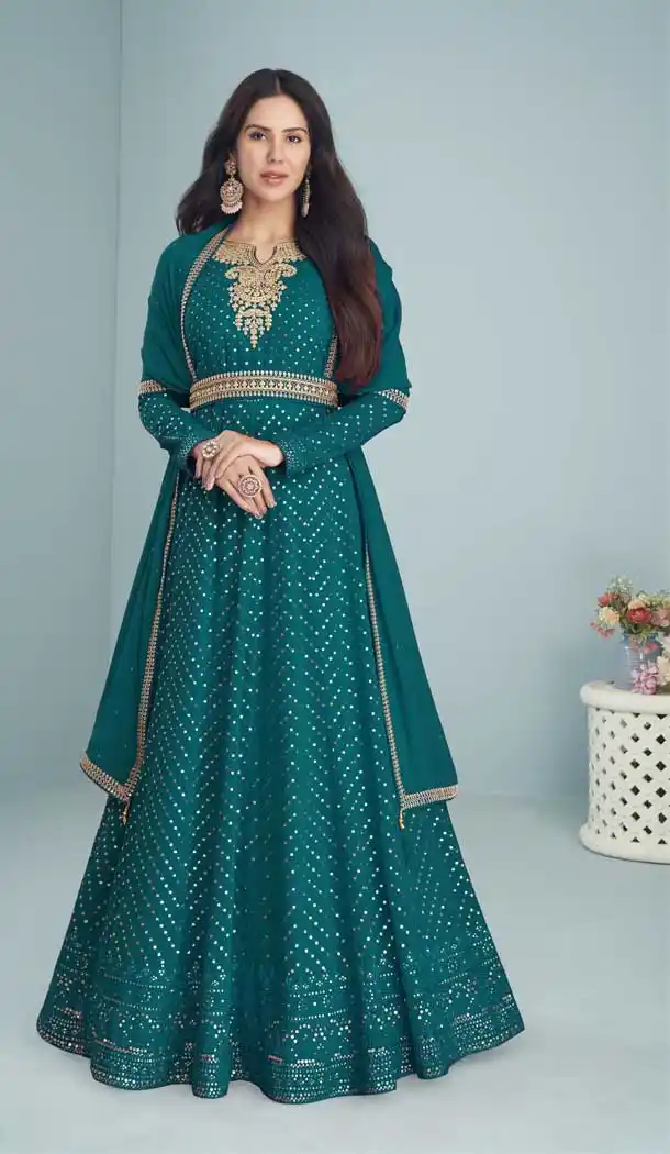Teal Blue Color Fox Georgette Sequins Work Anarkali Style Salwar Kameez -5228160638