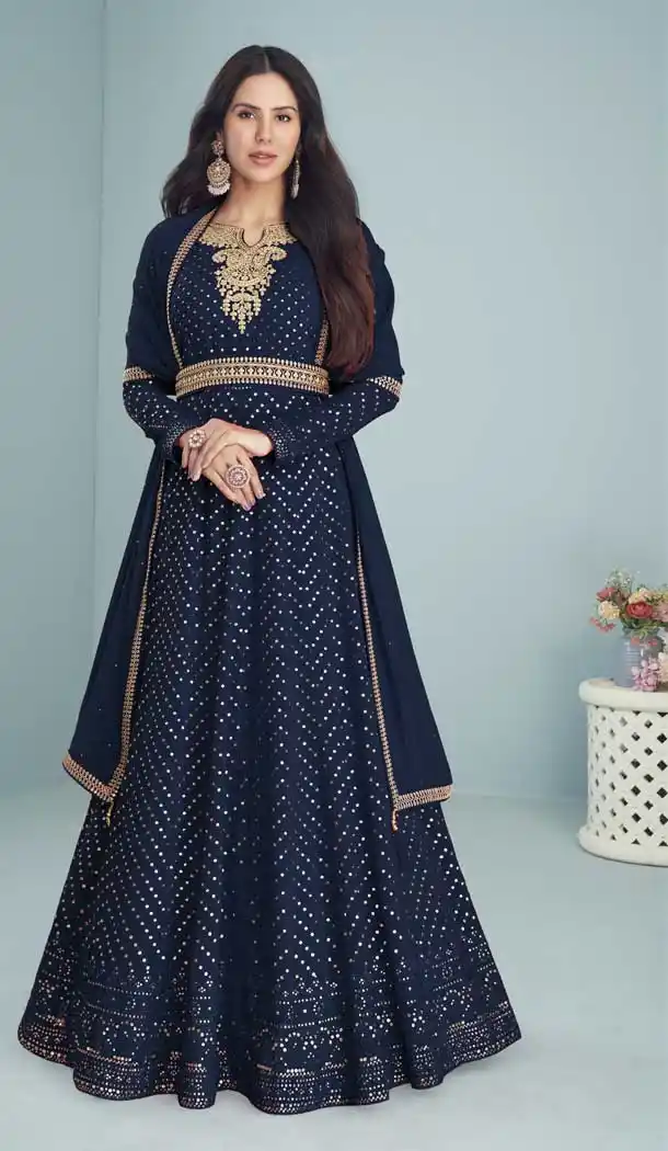 Blue Color Fox Georgette Sequins Work Anarkali Style Salwar Kameez -5228160640