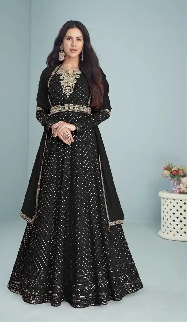 Black Color Fox Georgette Sequins Work Anarkali Style Salwar Kameez -5228160641