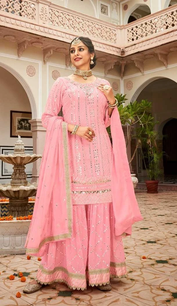 Pink Color Georgette Embroidery Designer Eid Party Wear Palazzo Suit -5255160765